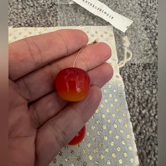 Anthropologie Cherry Red Drop Earrings gold - Picture 2 of 8
